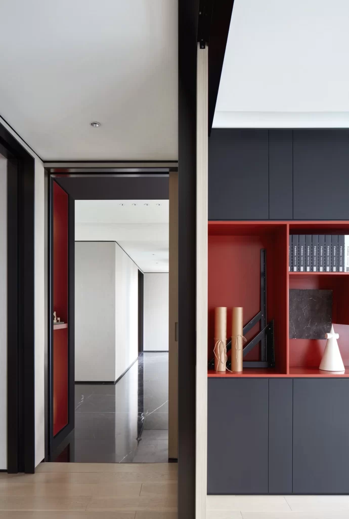 Modern Minimalist Study Black Red Neutral Wood