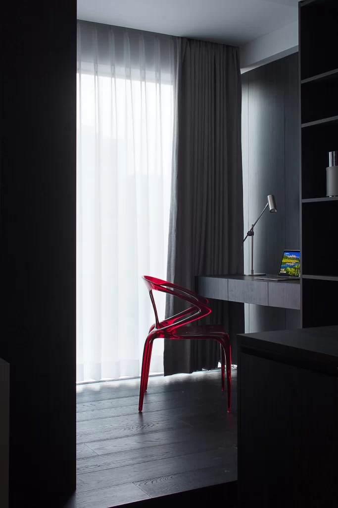Modern Minimalist Study Dark Grey Red Accents Sleek Furniture
