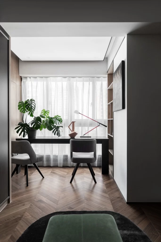 Modern Minimalist Study Neutral Light Wood Green Plant