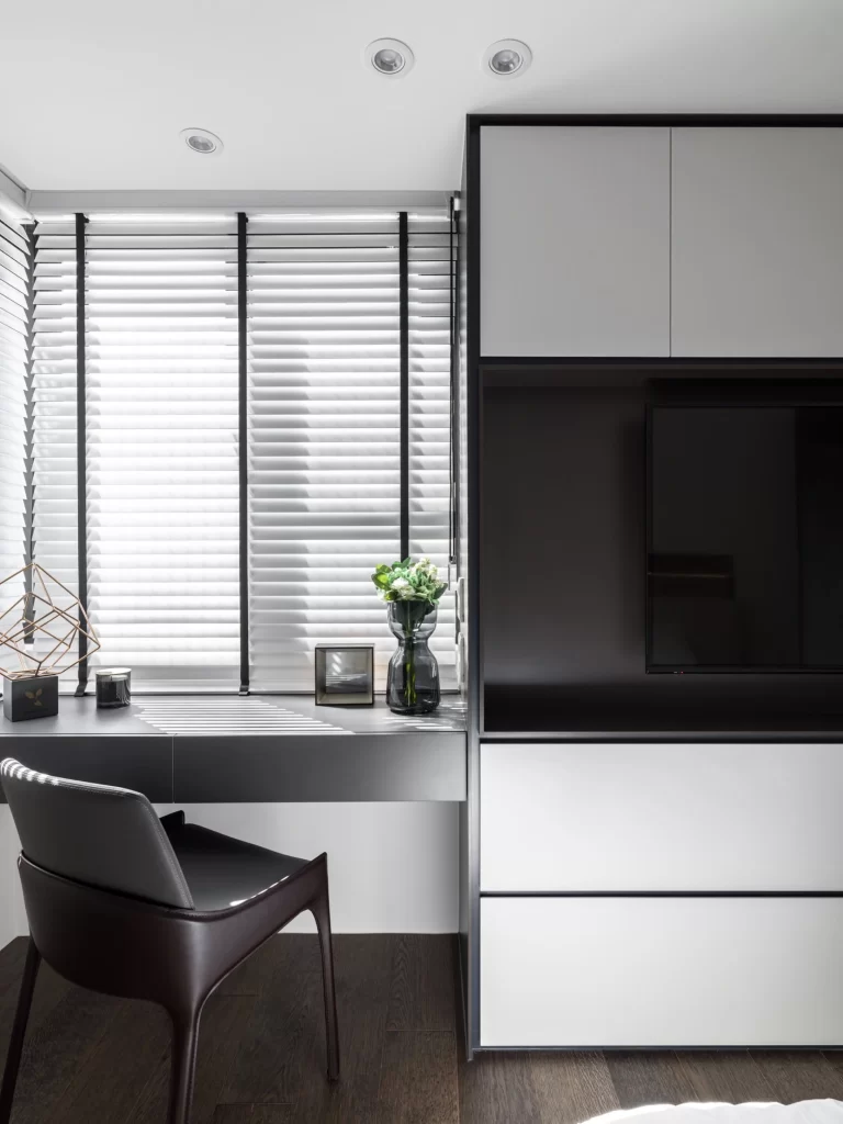 Modern Minimalist Study Room Black White Neutral Dark Wood