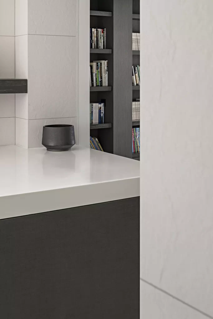 Modern Minimalist Study White Gray Neutral Bookshelves