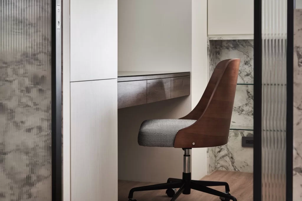 Modern Office Space Neutral Tones Wood Accents Marble Wall