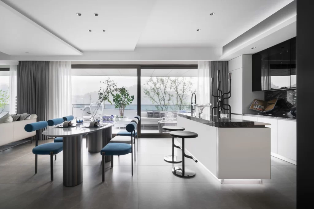 Modern Open-Plan Dining Kitchen Blue White Black Glass