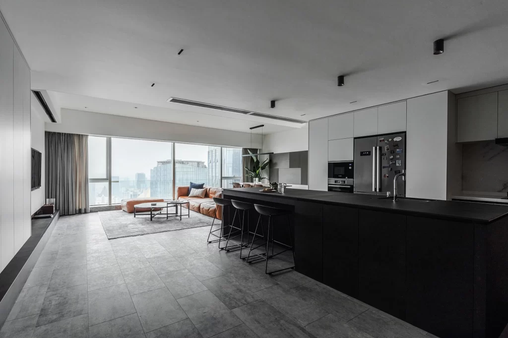 Modern Open-Plan Kitchen Living Area Neutral Tones Large Windows Minimalist