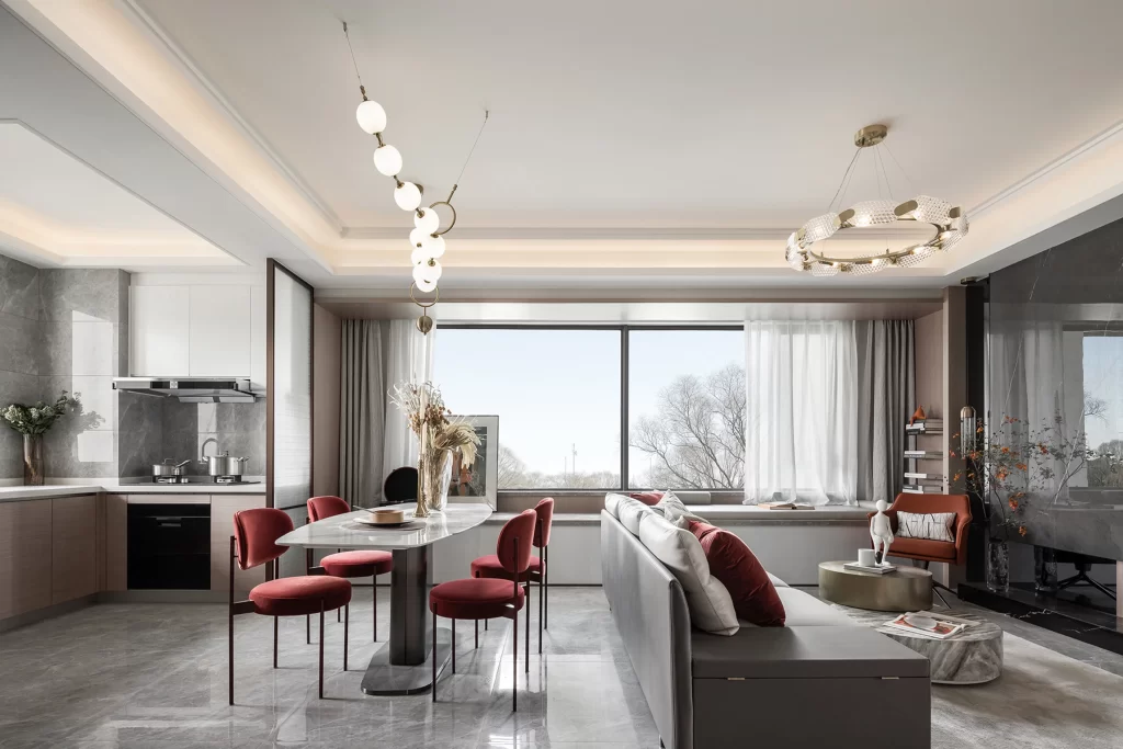 Modern Open Plan Living Dining Neutral Gray Red Accents Large Windows
