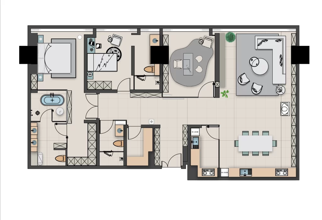 Modern Open-Plan Living Space Neutral Tones Light Wood Accents