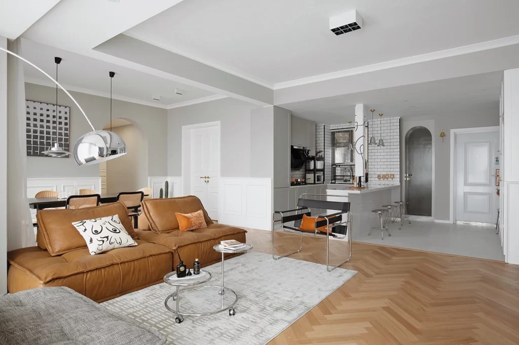 Modern Open-Plan Neutral Grey White Brown Herringbone
