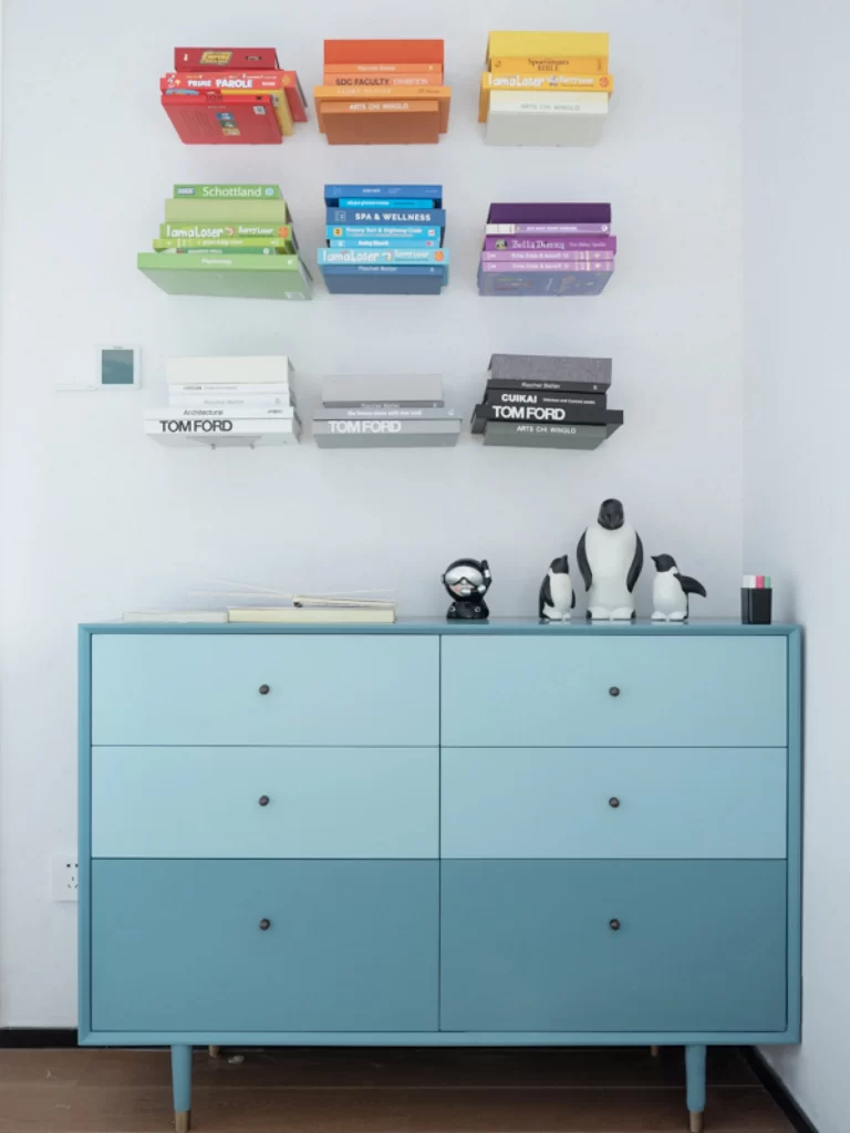Modern Scandinavian Bedroom Pastel Color Palette Floating Shelves Minimalist