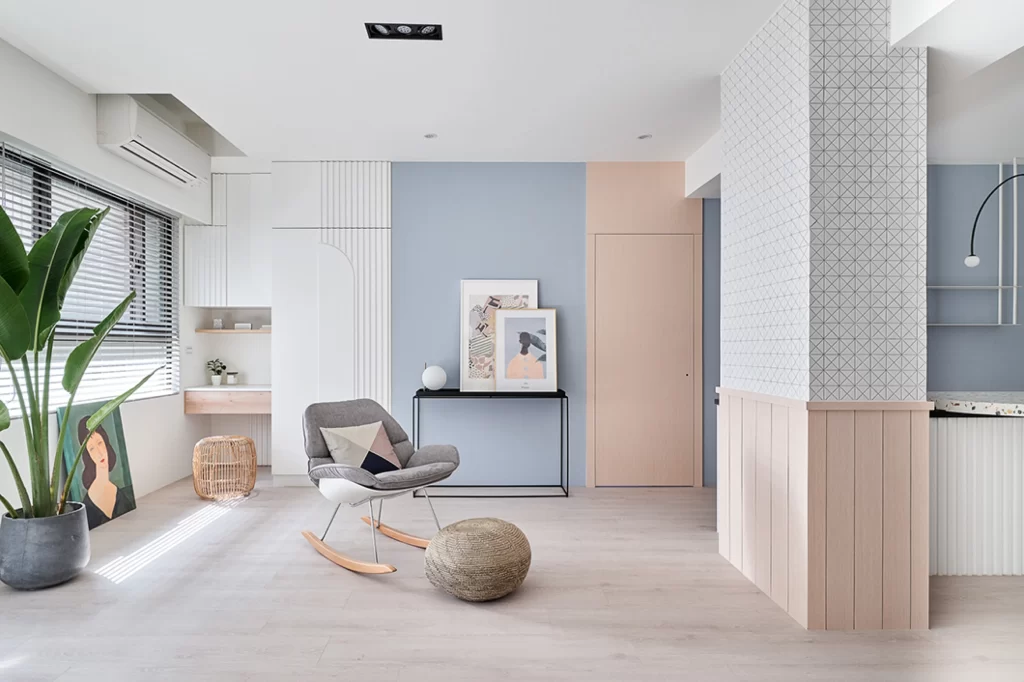 Modern Scandinavian Living Room Soft Blue White Neutral Wood Patterned Wall