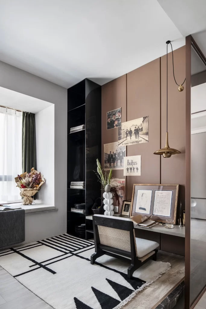 Modern Study Room Neutral Tones Black White Brown Geometric Patterns