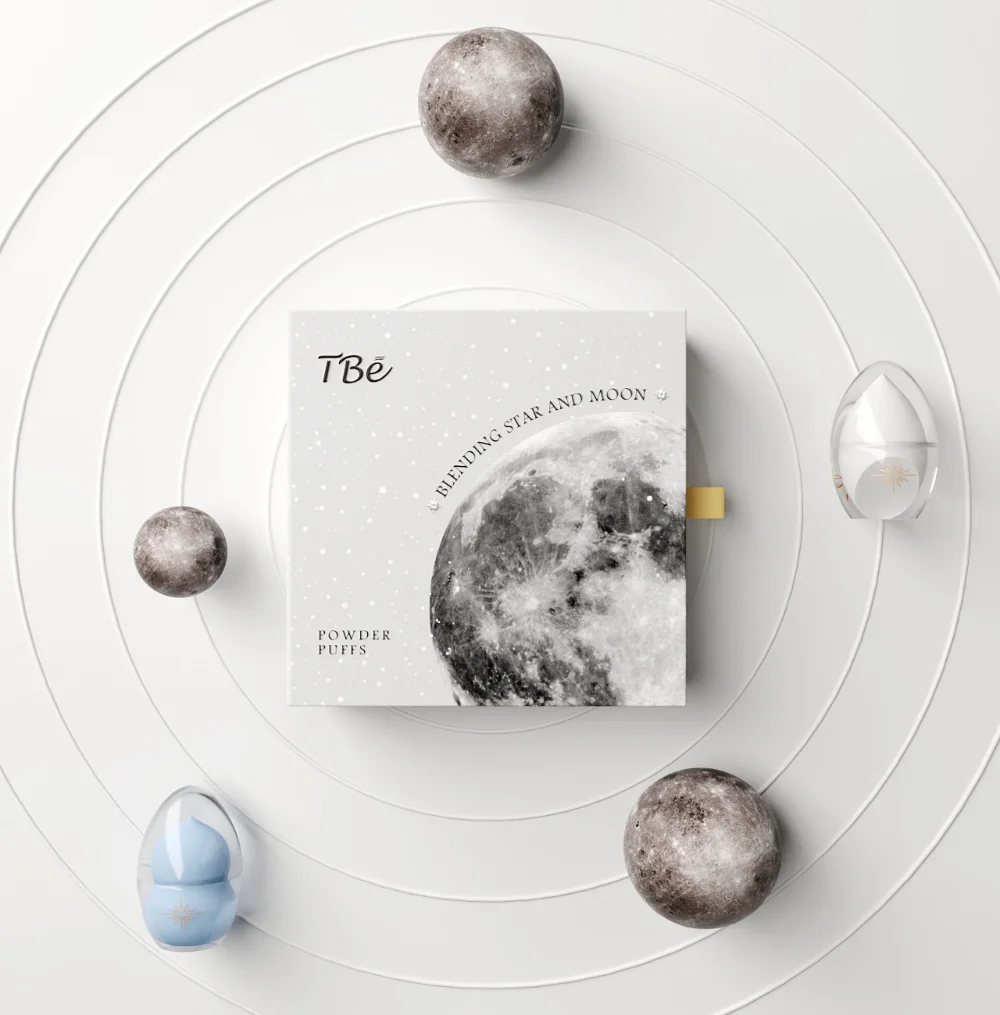 Moon-themed Powder Puffs White Grey Celestial Cosmetics Design