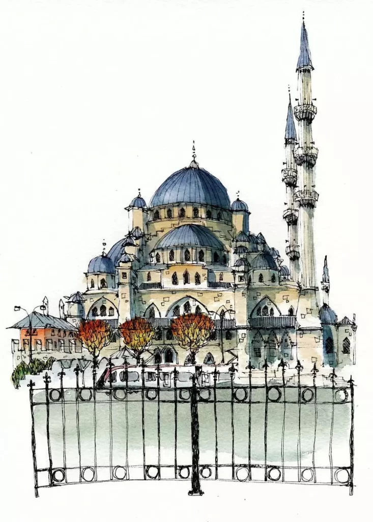 Mosque Architecture Watercolor Art