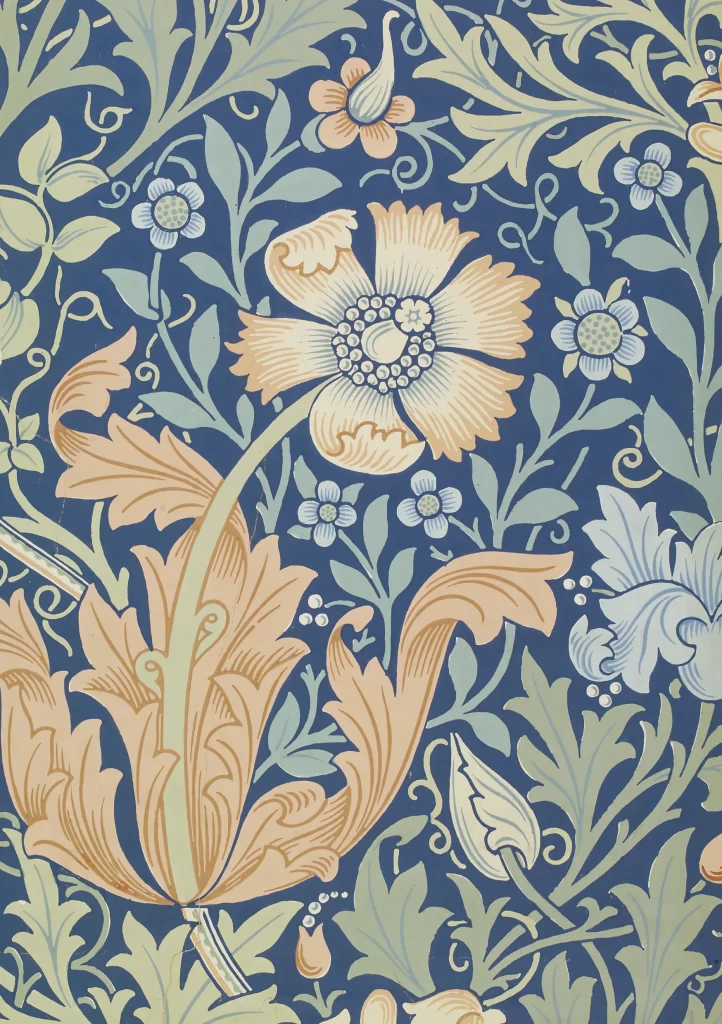 Navy Blue Anemone Vine Sage Green Foliage William Morris