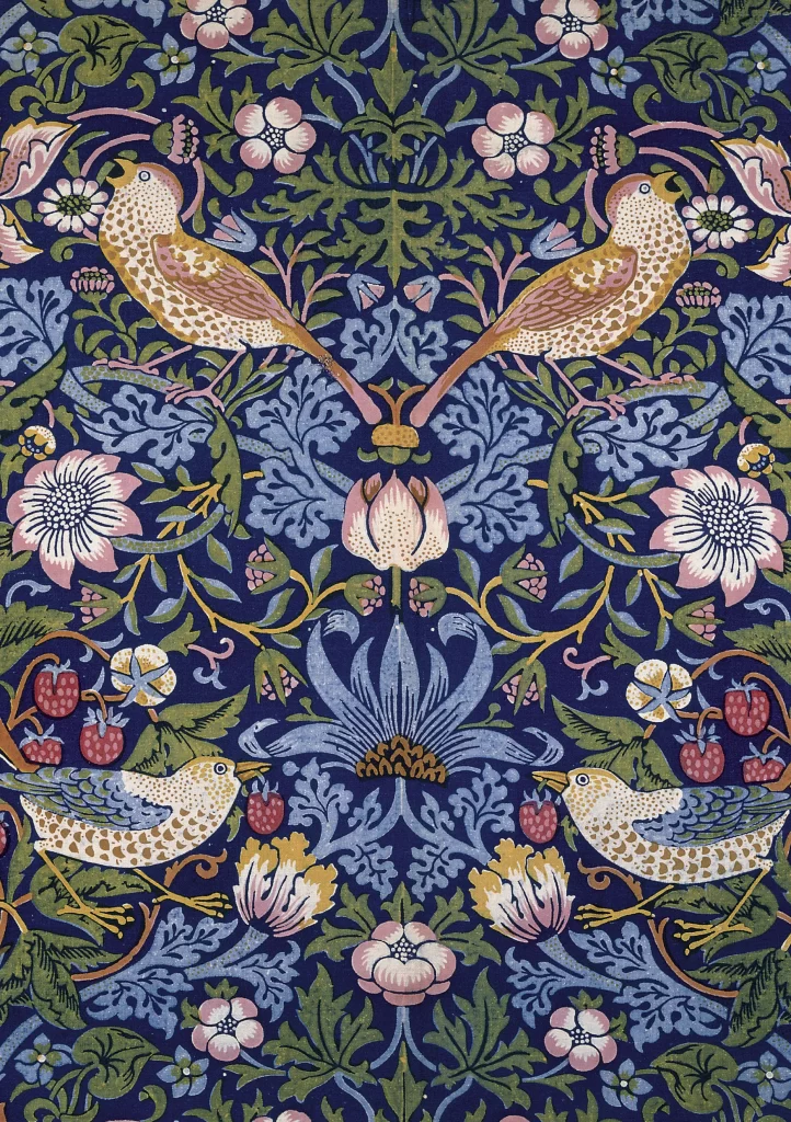 Navy Blue Floral Vine Gold Birds William Morris