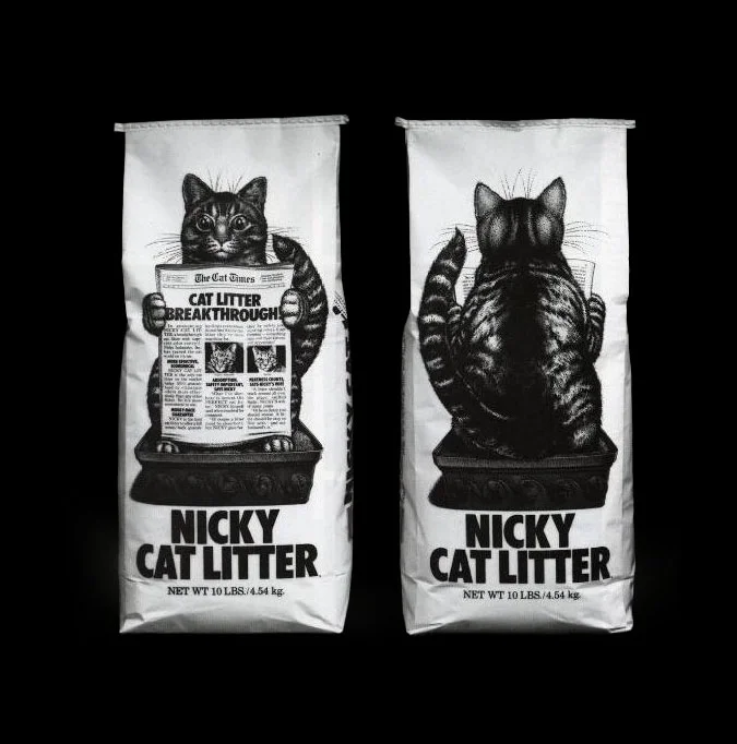 Nicky Cat Litter Newspaper Illustration BlackWhite