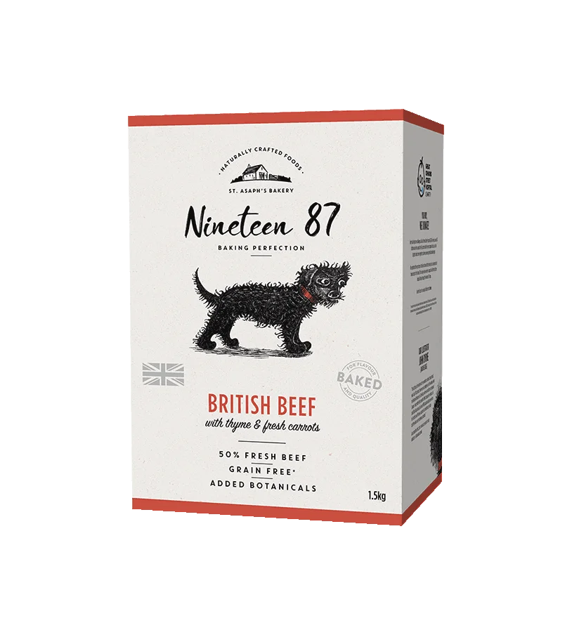 Nineteen 87 Dog Food British Beef Vintage Illustration Red White Black