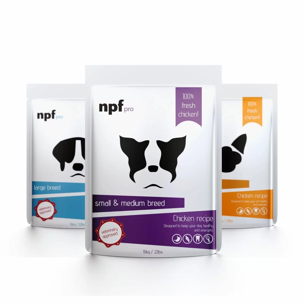 NPF Pro Dog Food Chicken Recipe Purple Bag Dog Illustration
