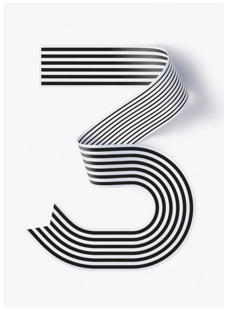 Number Three Black and White Stripes Typography Art