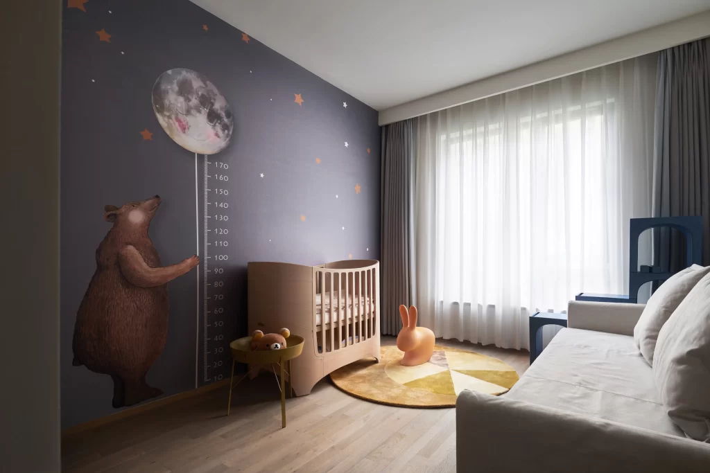 Nursery Room Playful Dark Blue White Yellow Wood