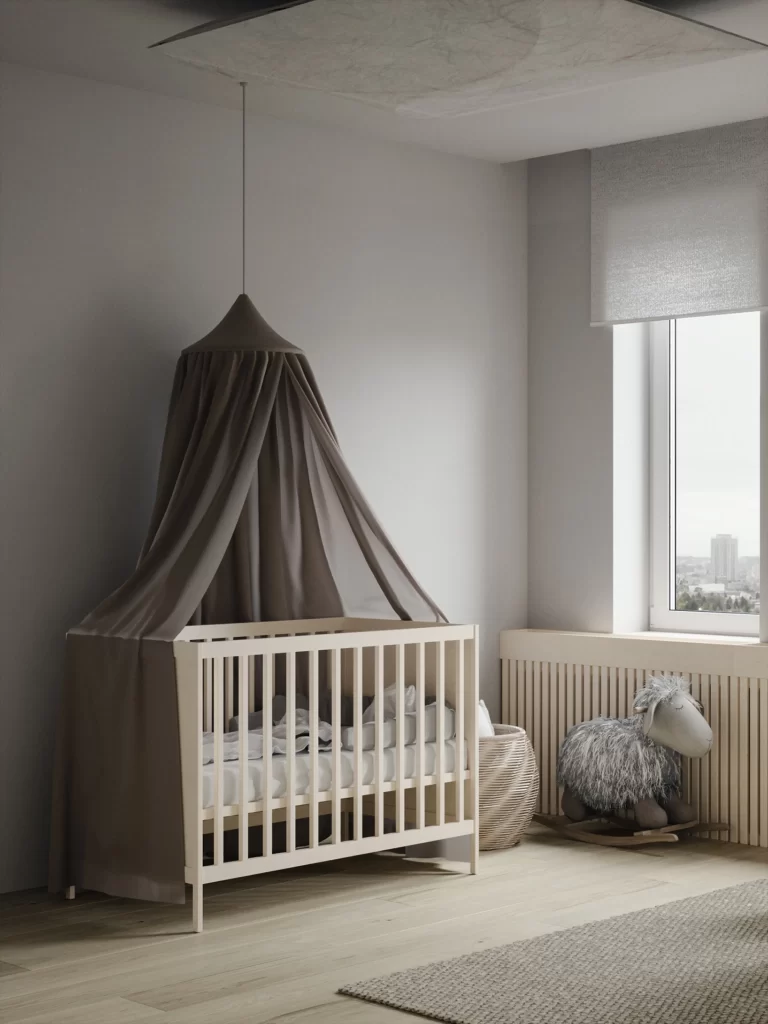 Nursery Scandinavian Neutral Light Wood Crib Canopy