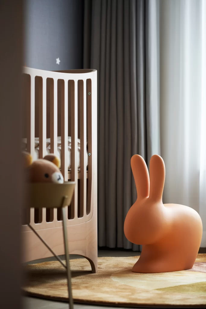 Nursery Scandinavian Soft Pastel Wooden Crib Rabbit Chair