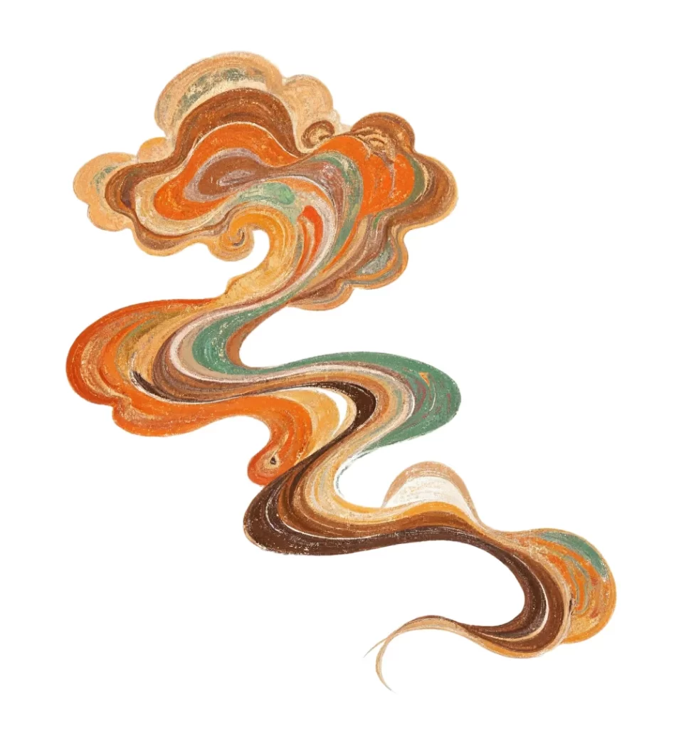 Orange Brown Green Swirl Organic Dunhuang Traditional Pattern