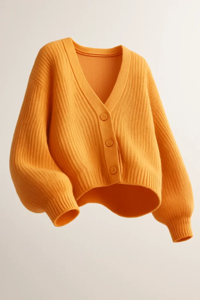 Orange Ribbed Knit Cardigan with Buttons