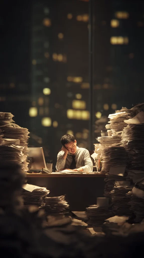 Overwhelmed Office Worker Papers Late Night Cityscape