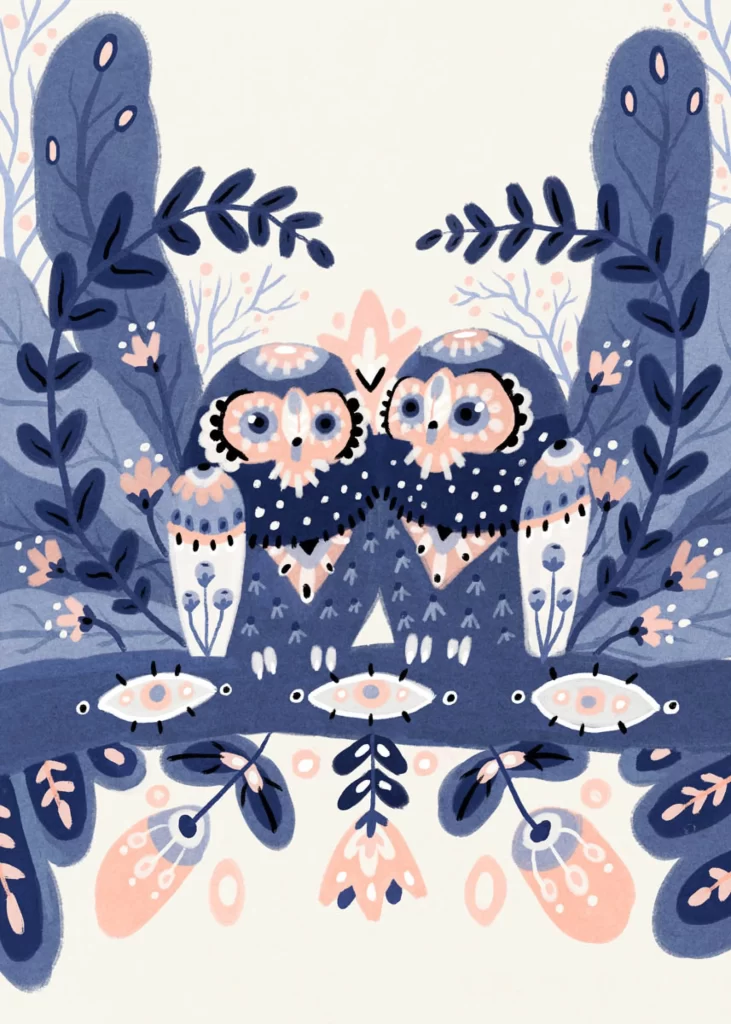 Owls Nature Blue Pink Decorative