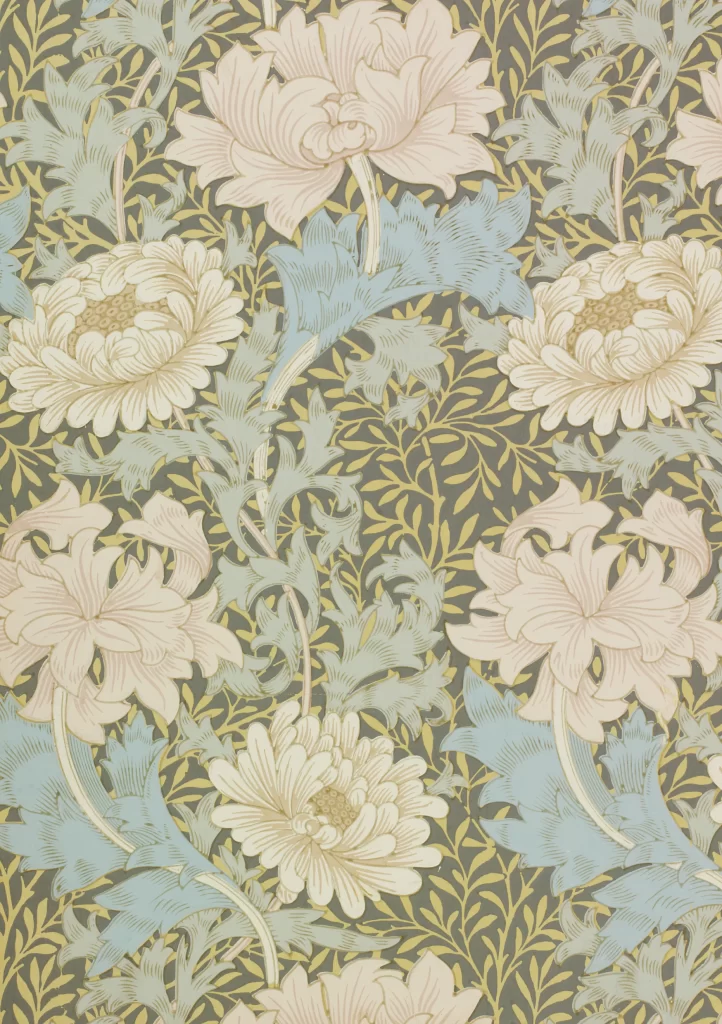 Pale Pink Peonies and Blue Foliage Vintage William Morris