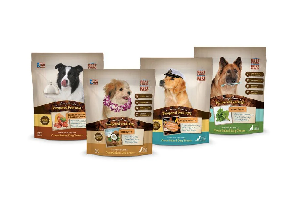 Pampered Pets USA Dog Food Oven-Baked Treats Coconut Bacon Cheddar Cheese Mint Fresh Natural Brown Yellow Green