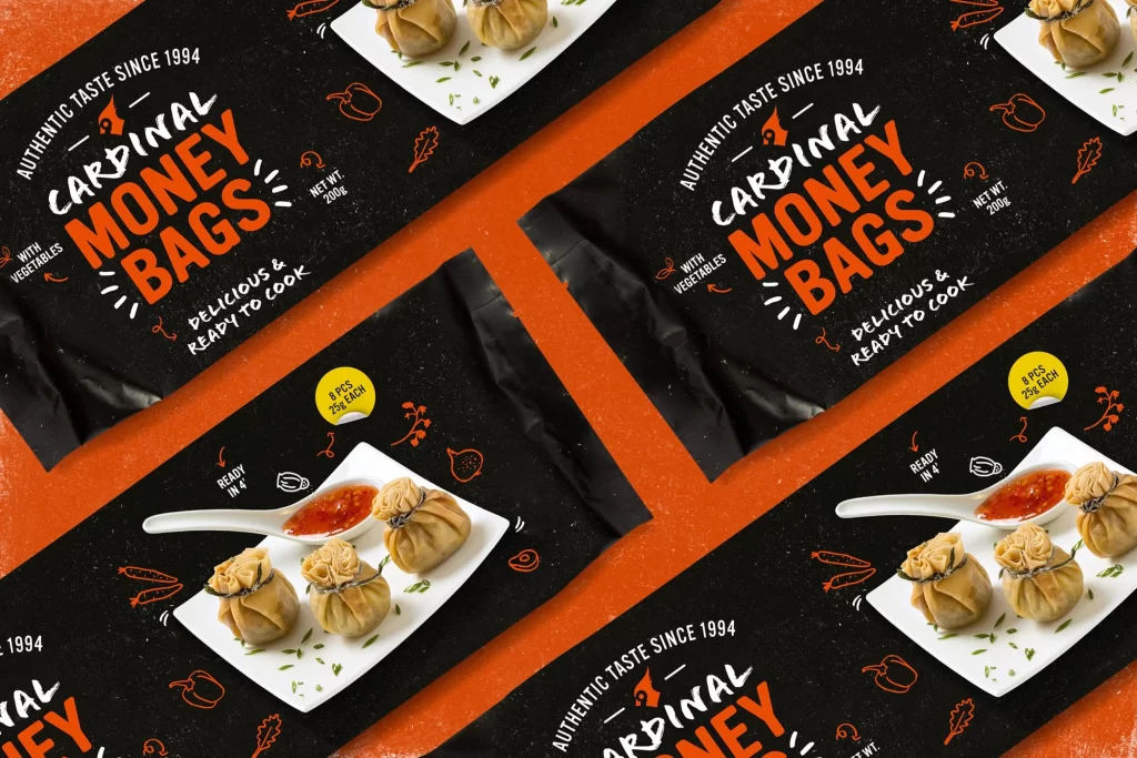 Pasta Cardinal Money Bags Black Orange Modern Illustration Typography