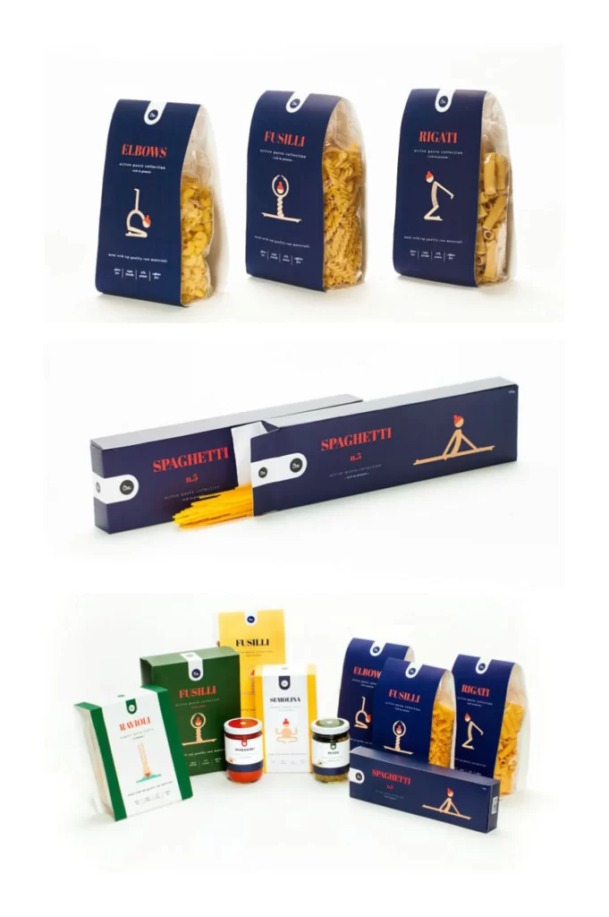 Pasta Elbows Fusilli Rigatoni Spaghetti Packaging Blue Yellow