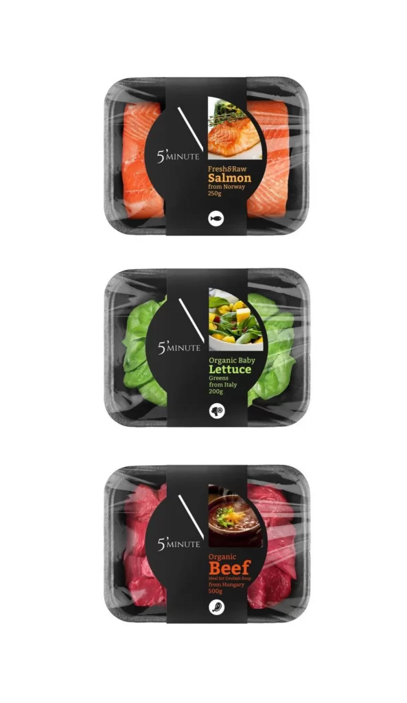 Pasta Fresh Salmon Lettuce Beef Modern Typography Photo