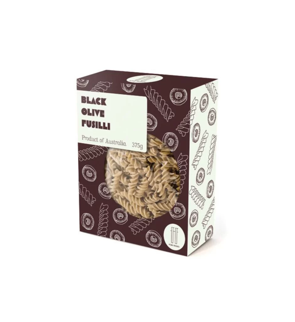 Pasta Fusilli Black Olive Packaging Brown White Illustration