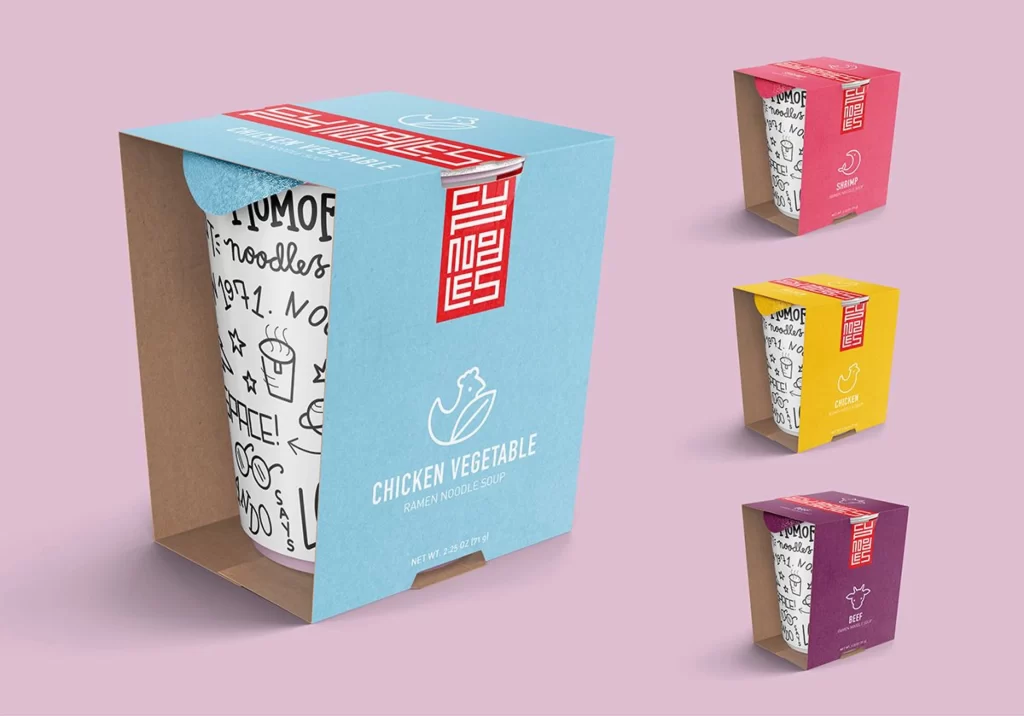 Pasta Packaging Ramen Noodles Chicken Vegetable Colorful Boxes Hand-drawn Style