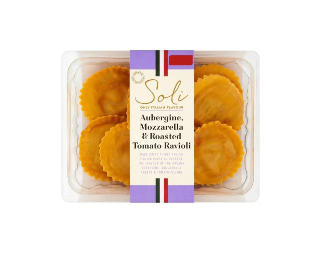Pasta Ravioli Aubergine Mozzarella Roasted Tomato Purple Red White