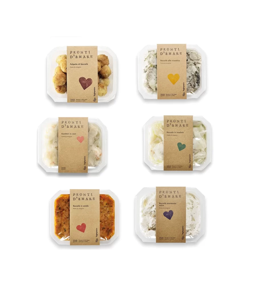 Pasta Seafood Packaging Brown Yellow Red Green Purple