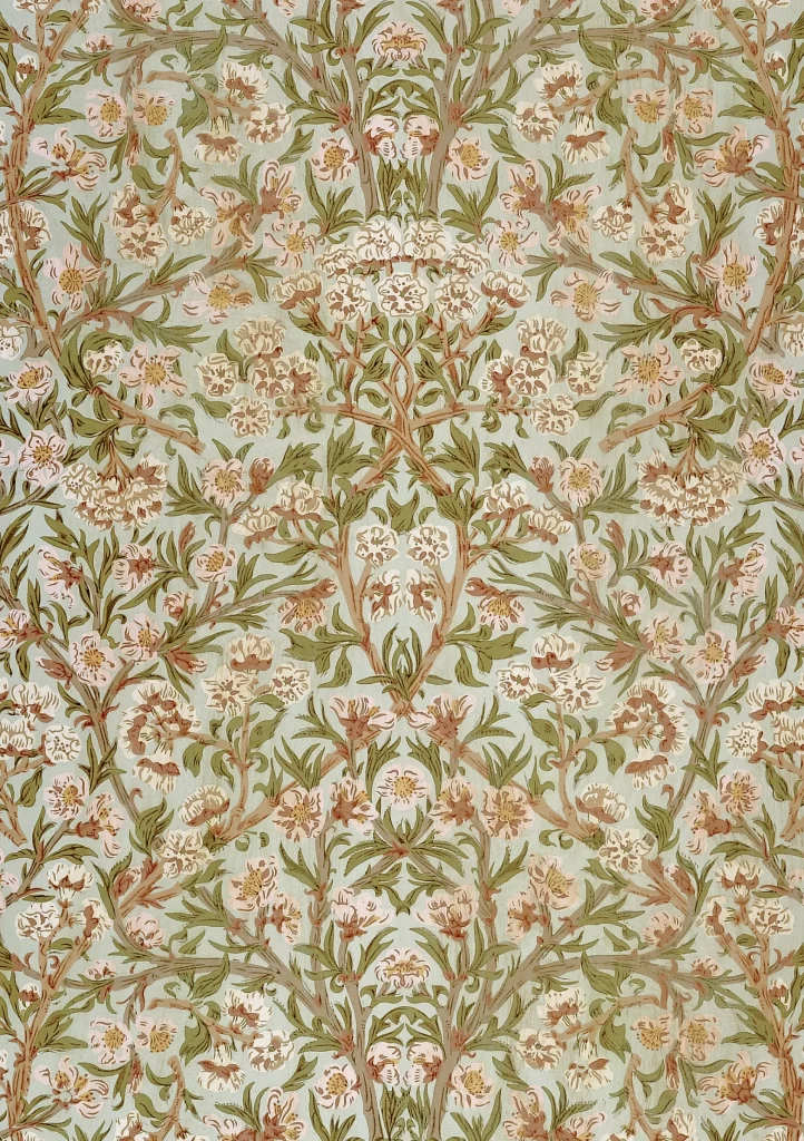 Peach Blossom Vine Sage Green Background William Morris