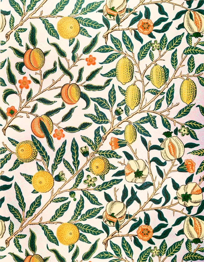 Peach Lemon Orange Vine Teal Green Leaves William Morris