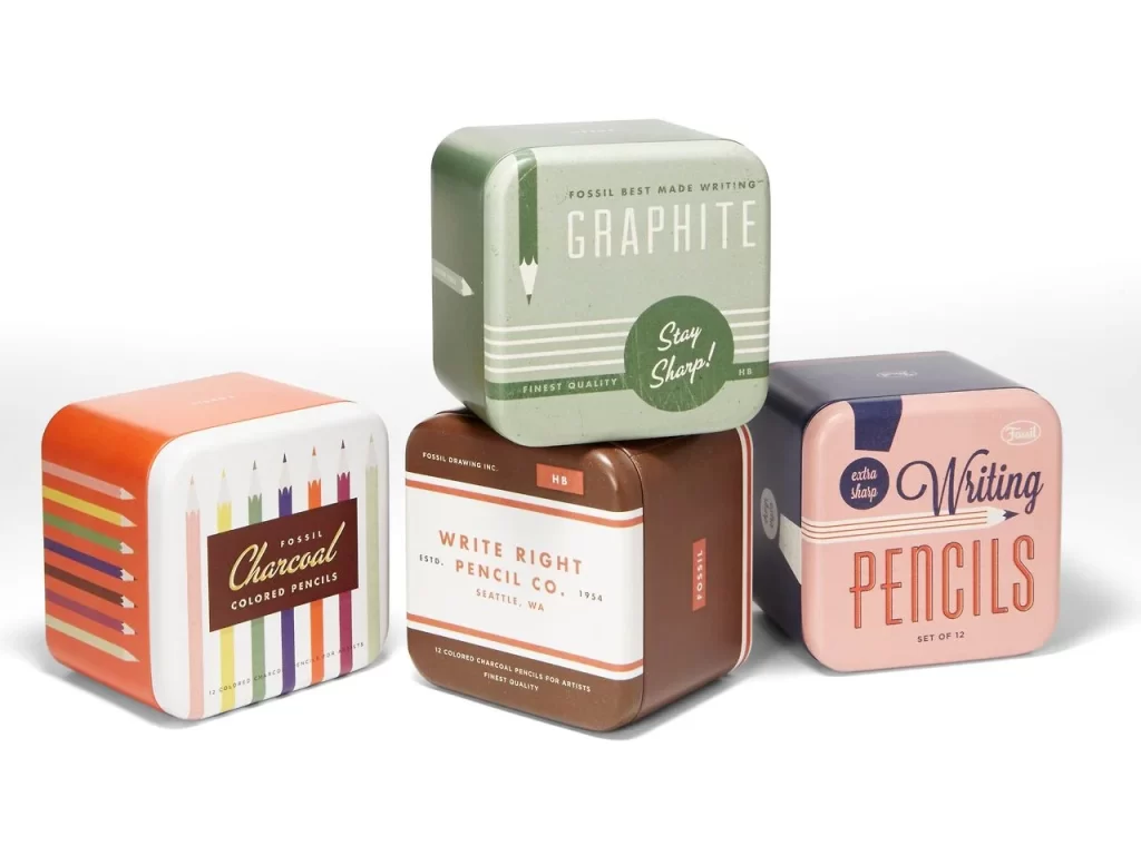 Pencil Tin Set Vintage Colorful Retro Design