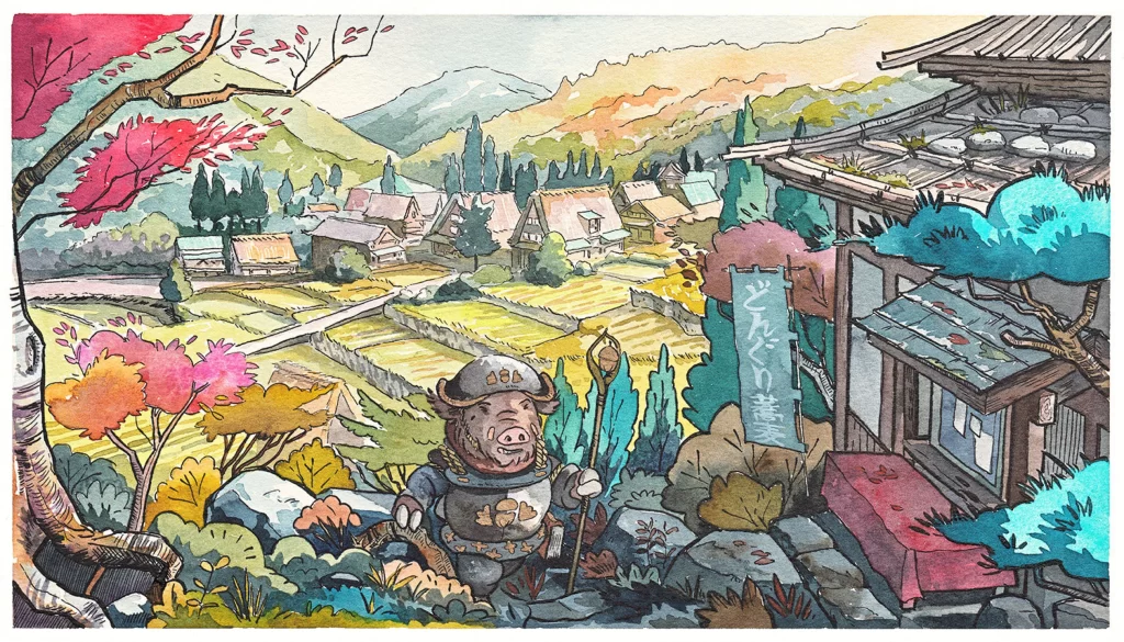 Pig Character Traditional Village Autumn Scenery Japanese Culture Watercolor Art Mateusz Urbanowicz
