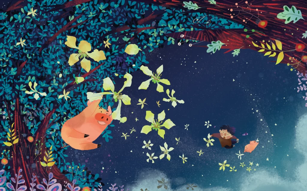 Pig Tree Flowers Night Adventure