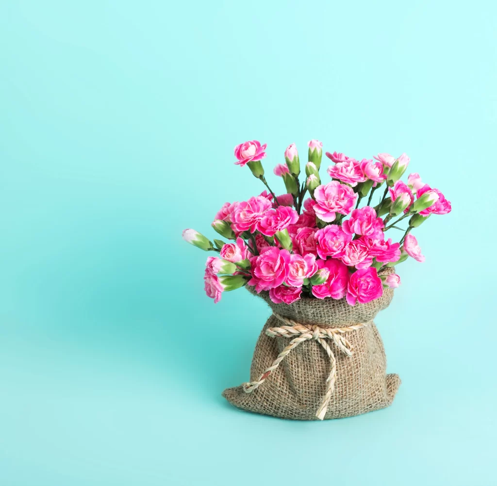 Pink Carnation Bouquet Green Stems Burlap Bag