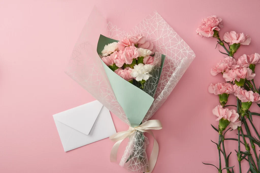 Pink Carnation Bouquet White Petals Green Stem