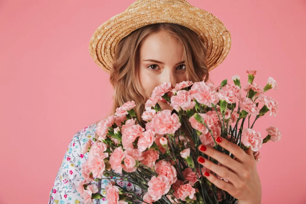 Pink Carnation Cluster Petals Green warm Stems