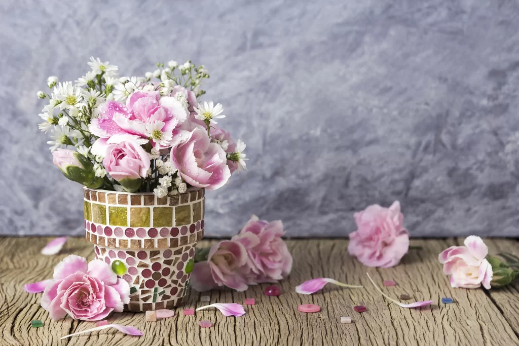 Pink Carnation White Daisies Mosaic Vase Petals