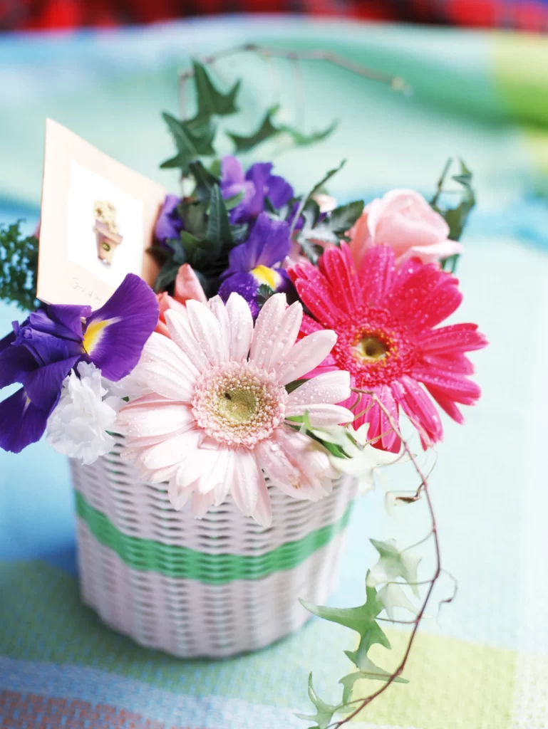 Pink Chrysanthemum Purple Iris White Carnation Green Leaves Basket