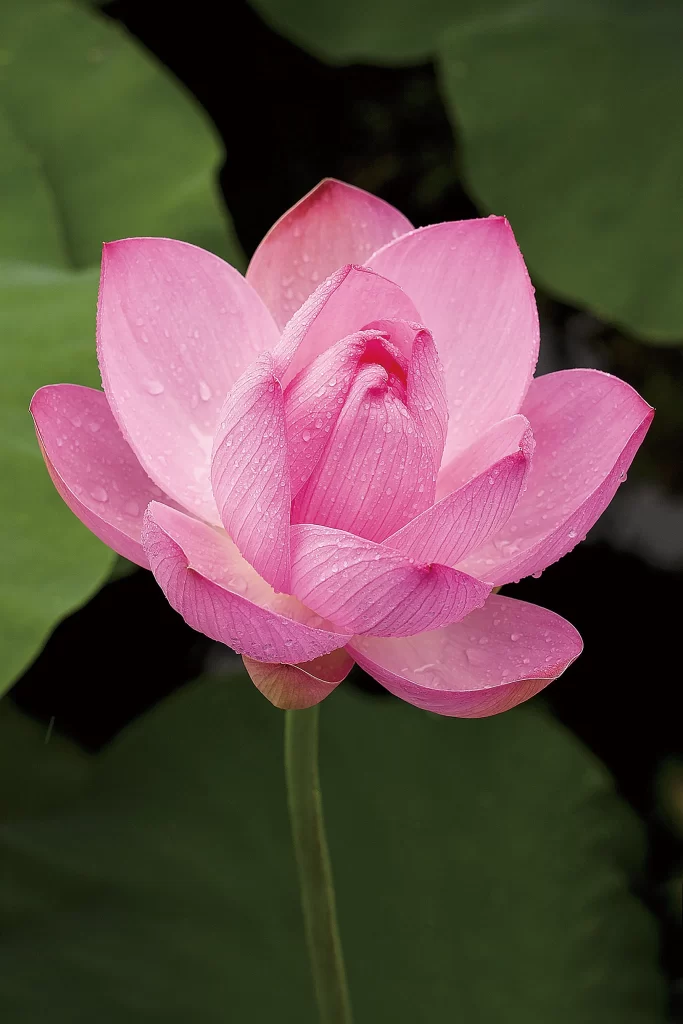Pink Lotus Flower Green Leaf gray Dewdrops