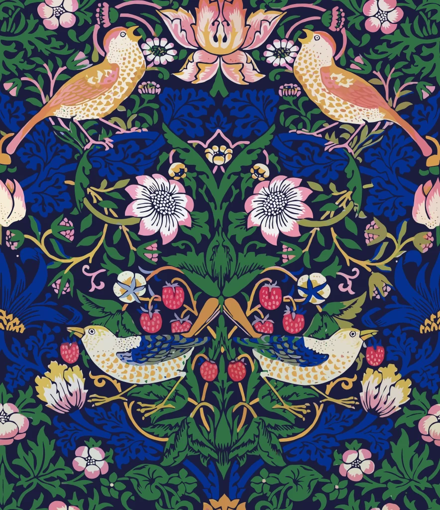 Pink Peony Vine Navy Blue Background Morris Style